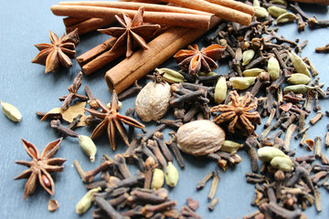 Various Spices background. Cinnamon sticks and anise stars close-up on wood background. Copy space