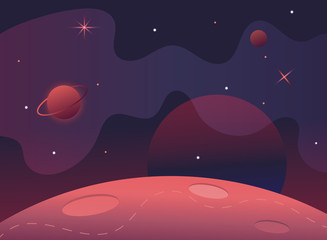 Flag in space.Milky Way.Red planet landscape vector illustration.Background for text.Surface of the planet craters.Space decoration design.Stars and comets on starry background.cosmic banner.Mars © настя иванова