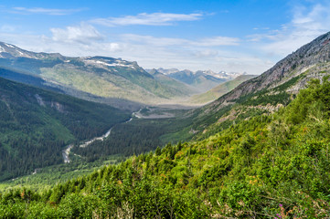 Fototapeta na wymiar A River Runs Through a Mountain Valley in Montana's Glacier National Park