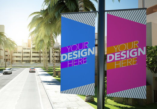 Two Vertical Lamppost Banners Mockup