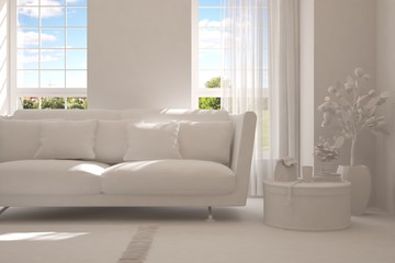 White room with sofa and green landscape in window. Scandinavian interior design. 3D illustration
