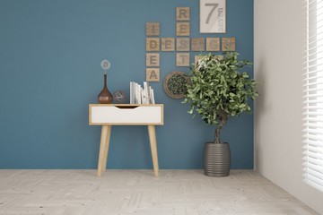 Mock up of blue empty room with shelf. Scandinavian interior design. 3D illustration