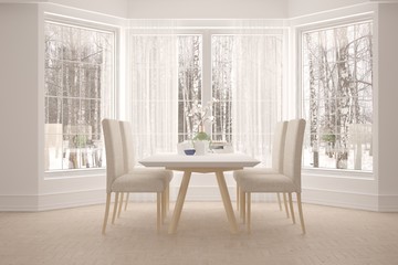 Fototapeta na wymiar White dinner room with winter landscape in window. Scandinavian interior design. 3D illustration
