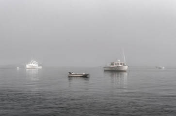 Moored Boats in Foggy Waters