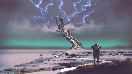 Fototapeten hiker looking at lightning above the giant tree, digital art style, illustration painting © grandfailure