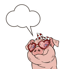 Background with cheerful, elegant pig, vector illustration