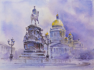 Watercolor painting Saint Isaac's Cathedral or Isaakievskiy Sobor in Saint Petersburg Russia - largest Russian Orthodox cathedral sobor in the city and The Bronze Horseman statue of Peter the Great