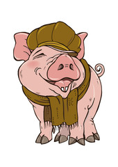 Pig in winter clothes hat and scarf, vector illustration