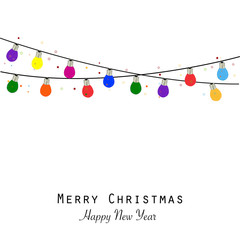 Colorful christmas light bulb. Happy new year greeting card