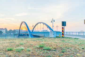 View of border bridge between Poland and Germany. Sunrise view of bridge from Frankfurt Oder in German.