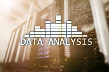 Big Data analysis text on server room background. Internet and modern technology concept.