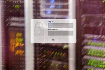Server room, login and password request, data access and security.