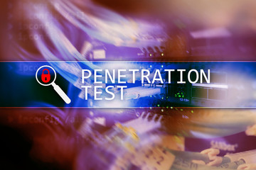 Penetration test. Cybersecurity and data protection. Hacker attack prevention. Futuristic  server room on background.