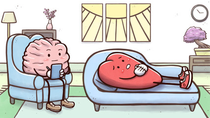 Psychologist brain in a therapy session with a patient heart on couch 