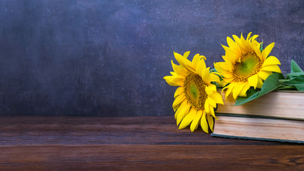 Vintage Old books and bouquet of sunflowers. Two books with bright yellow flowers. Retro nostalgic vintage background. Reading, learning, education, library concept mockup