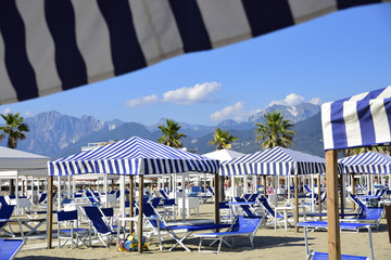 View on the Alpi Apuane from the beach of Versilia (Mediterranean Sea), Viareggio, Tuscany, Italy