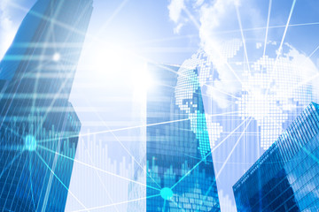 Obraz premium Double exposure mixed media. 3D Earth planet hologram and communication structure. World wide network and globalization concept.