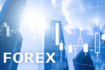Obraz na płótnie Canvas Forex trading, financial candle chart and graphs on blurred business center background.