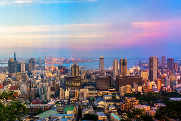 Aerial view of downtown in Kobe, Japan at sunset