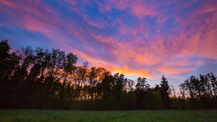 After sunset colorful sky over forest and meadow