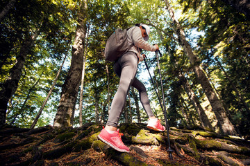 Active female hiker walking and exploring forest