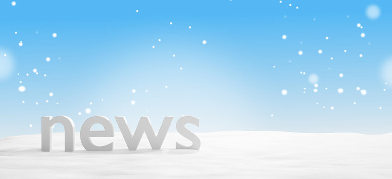 winter news bold letters with snow and blue sky 3d-illustration