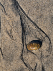 Fantastic lines formed around rock on a beautiful sandy ocean beach