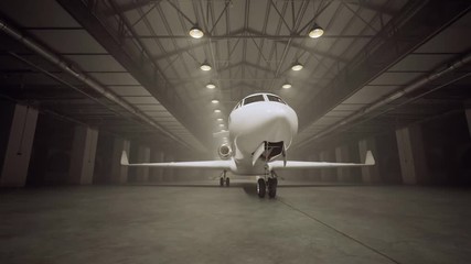 Timelapse of a private jet in the loft warehouse. Shiny, white civil aircraft.
