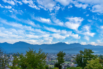 北アルプスと大町市街の眺望　大町市山岳博物館