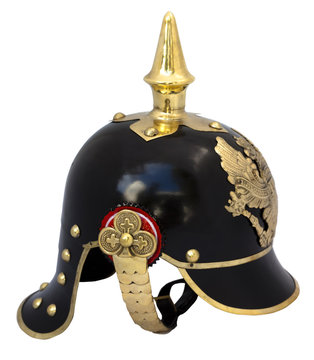 The Pickelhaube is a spiked helmet worn in the nineteenth and twentieth centuries by German military, firefighters, and police.