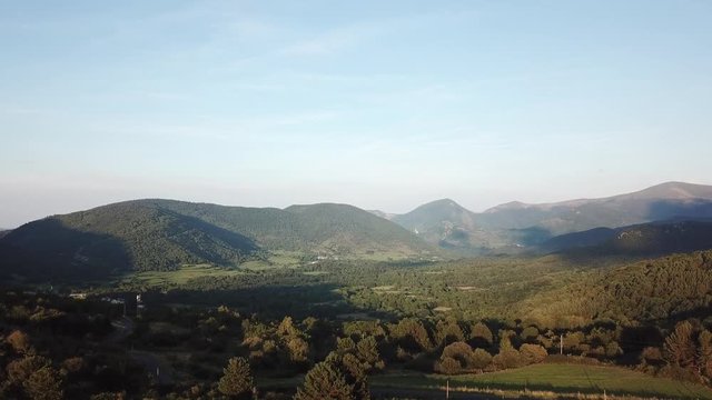 aerial view of pyrenean mountains and forest filmed with drone, Aude in the south of France
