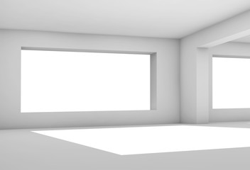 Empty white room with wide window, 3 d