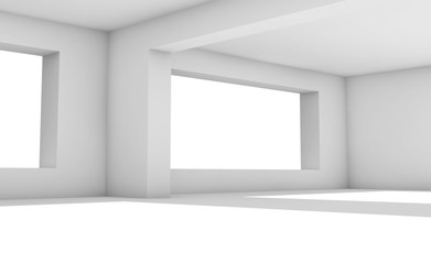 3d interior. White room with wide windows