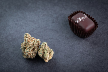 Bud of marijuana on slate with a gourmet chocolate caramel in the background