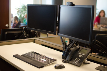 Standup business work desk with dual monitors