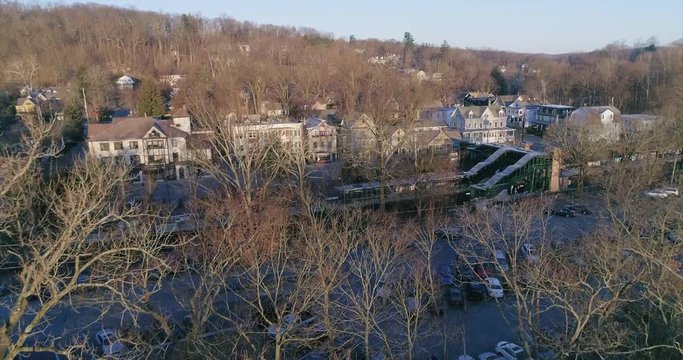 Rising Aerial View of Katonah and Metro North Train Station