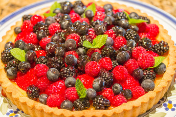 Fresh Fruit Tart with Mint Leaves