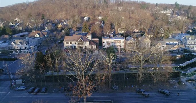 Aerial Panning Shot of Katonah New York and Metro North Train Station