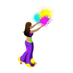 Obraz na płótnie Canvas India isometric girl, rear view casts colored powder, spring festival, paint festival, happiness, sari dress