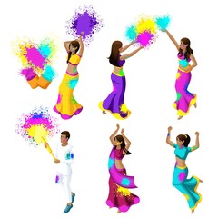 Isometric collection of young people of India celebrating a festival of colors, colored powder, girl, guys, jump, blossom, happiness