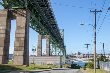 Halifax bridge, clear blue sky, concrete and metal.