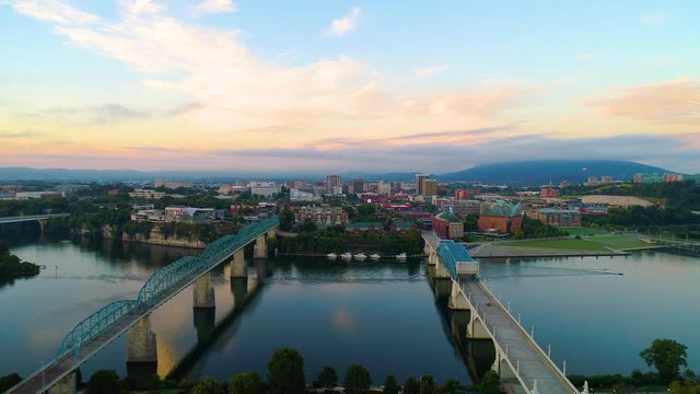 High Definition Aerial Drone Flyover of Downtown Chattanooga, Tennessee, TN USA Skyline.