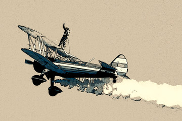 Wing walker on biplane posterized illustration tan background - obrazy, fototapety, plakaty
