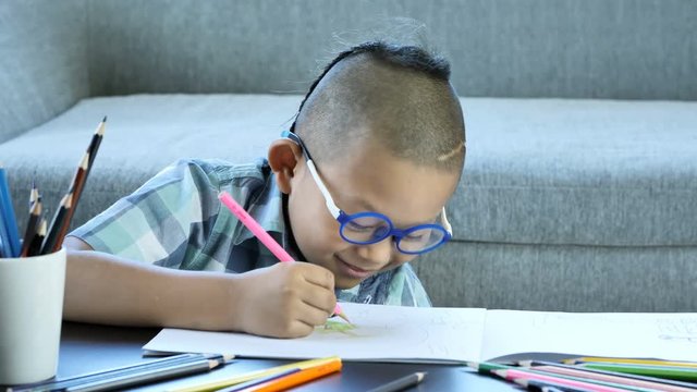 ..Boy with disability, brain disorders And Left eye is not visible from brain surgery. Have fun, enjoy drawing or write in book at home.