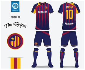 Soccer jersey or football kit template for football club. Red and blue stripe football shirt with sock and blue shorts mock up. Front and back view soccer uniform. Football logo design. Vector.