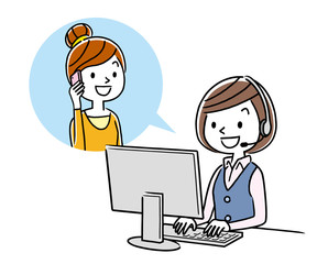 イラスト素材: コールセンター オペレーターの女性と会話