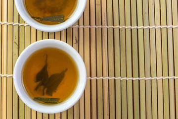 a cup of chinese tea on bamboo, top view