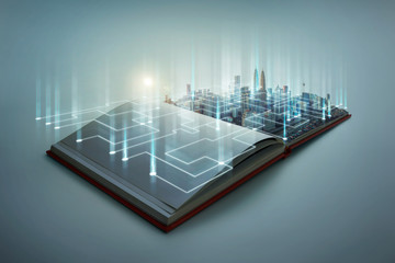 Beautiful scene of modern city skyline pop up in the open book pages with smart working data wireless connections iot automation system .