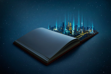 Night beautiful scene of modern city skyline pop up in the open book pages with smart big data ...