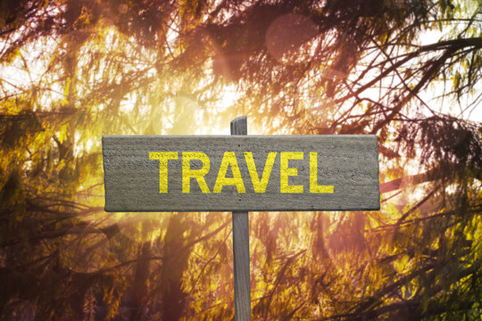 Travel sign on forest background